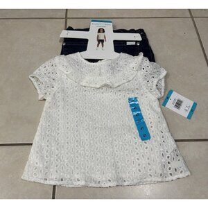 NWT Koala Kids Girls White Eyelet Top Blue Jean Cuffed Shorts 2-Piece Set Sz 4T